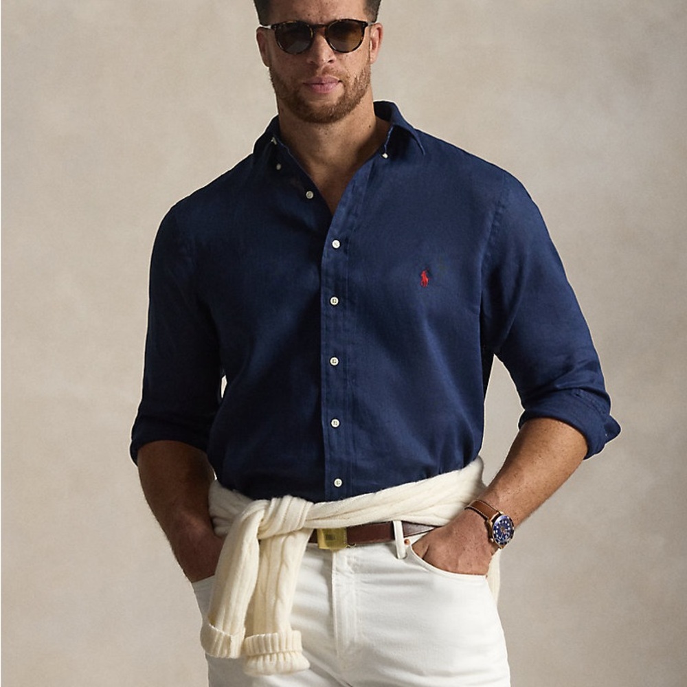 Ralph Lauren Dark Navy 100% linen Long-Sleeve Button-Down with Red Polo Logo